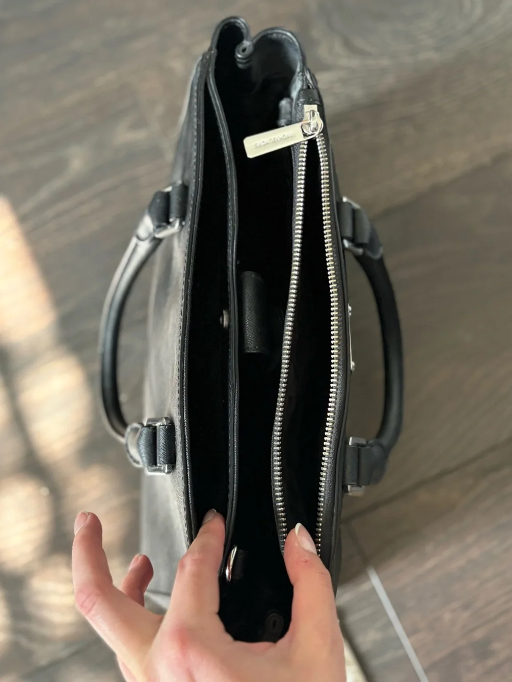 Michael Kors Black Saffiano Leather Purse With Silver Hardware & Crossbody Strap